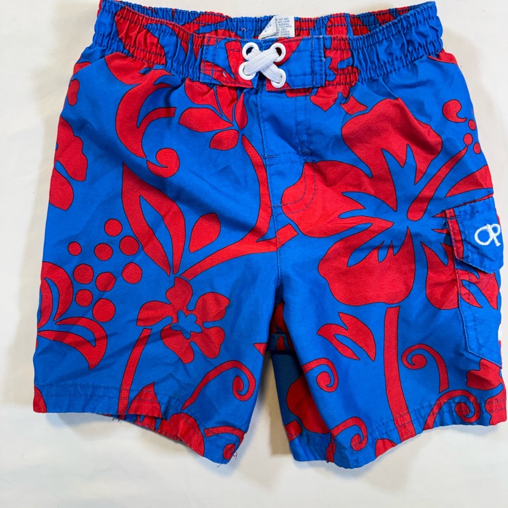 Boys' OP Tropical Flower Swimsuit Blue Red Hibiscus Bathing Suit Shorts [ 2T ]
